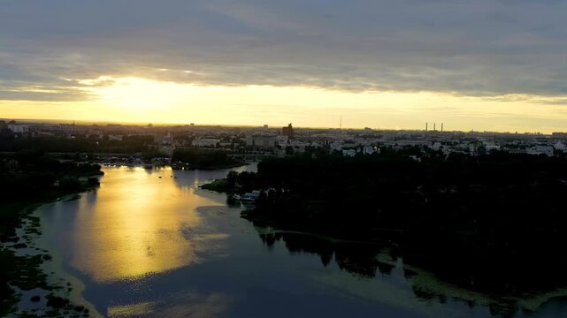 Yaroslavl, Russia. Yaroslavl Spaso-Preobrazhensky Monastery (Spaso-Yaroslavl Monastery) - an ancient men s monastery in Yaroslavl. Sunset time. Drone footage