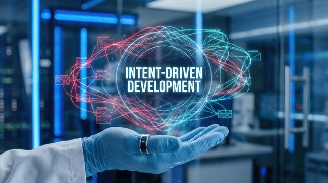 Hand holding holographic display of 'Intent-Driven Development', symbolizing future AI, software engineering, and advanced digital technology in a modern lab environment