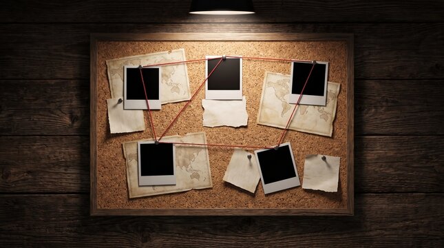 Detective investigation corkboard with photos linked by red string