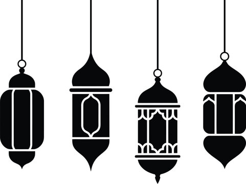 Four ornate hanging lanterns with traditional middle eastern style, black silhouette isolated on a white background