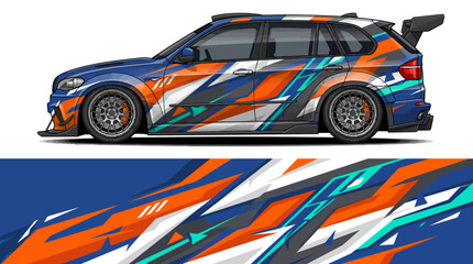 Fototapeta premium Colorful racing car with dynamic vinyl wrap design.