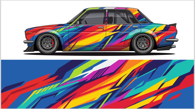 Colorful abstract painted car with vibrant swirling design.