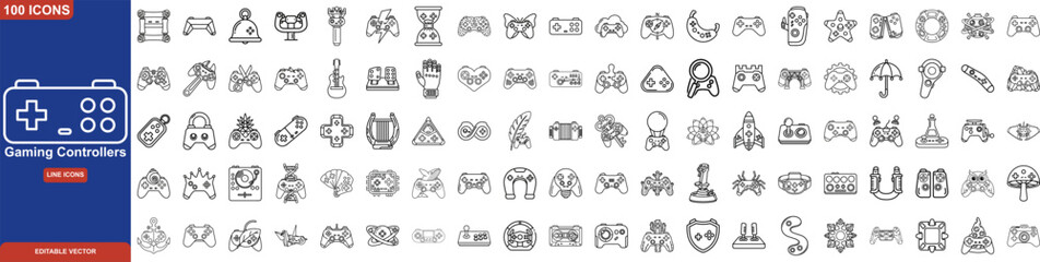 Motion Game Controller Line Icon Set. Containing Retro Gamepad, Arcade Joystick, VR Motion Controls, Racing Wheel, and Creative Geometric Controllers © Abdul Ghani
