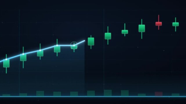 Stock market candlestick chart animation with green and red price trend and volume bars