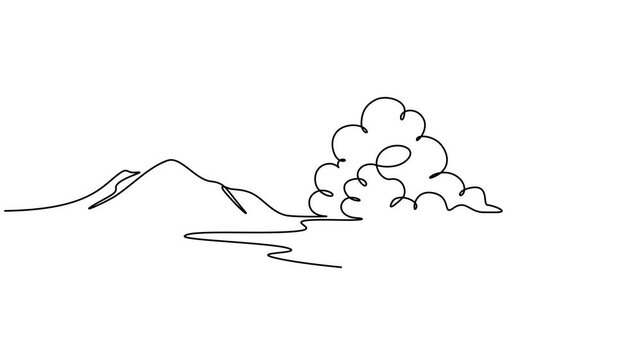 Animated video of a mountain landscape with a lake or sea. A minimalist skyline with mountain peaks in a simple single-line style. Adventure, sports, and summer vacation concepts in doodle style.