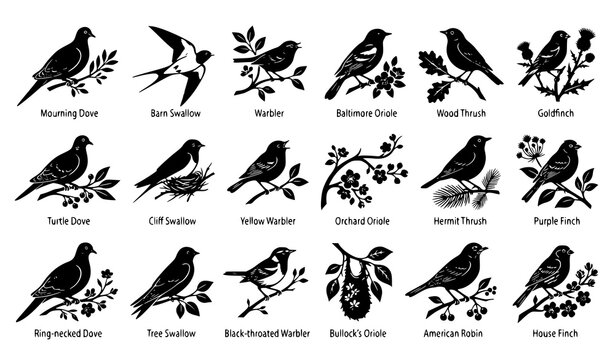 Perched Bird Silhouette Collection on Flowering Branches Black and White Vector Illustration Set