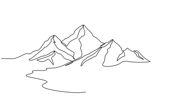 Animated video of a mountain landscape with a lake or sea. A minimalist skyline with mountain peaks in a simple single-line style. Adventure, sports, and summer vacation concepts in doodle style.