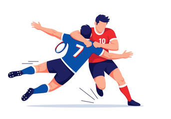 Obraz premium Two rugby players in action during a game tackling each other.