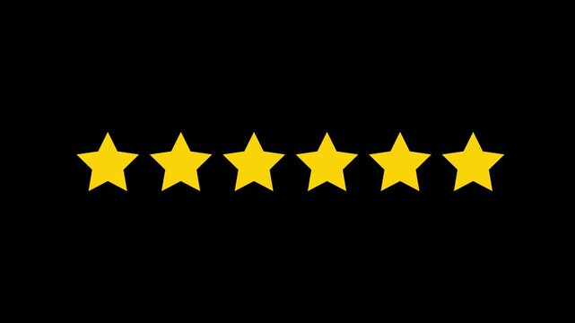 Six yellow star rating icon template design vector illustration for customer product review feedback, premium quality evaluation ranking emblem, animation on black background
