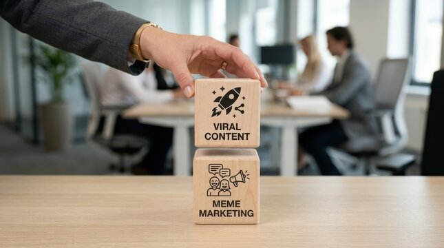 Hand holding wooden block with viral content and meme marketing on office desk
