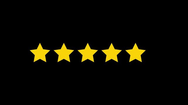 Five bright yellow star rating icon template design vector illustration for customer product review feedback, premium quality evaluation ranking emblem,animation on black background,