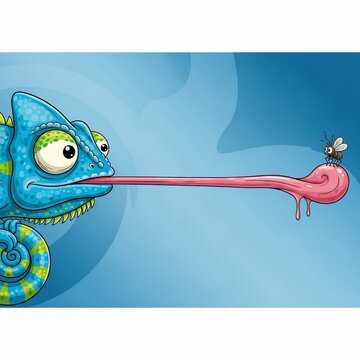 Vibrant illustration: Chameleon's sticky tongue captures a buzzing fly in a splash of digital color.
