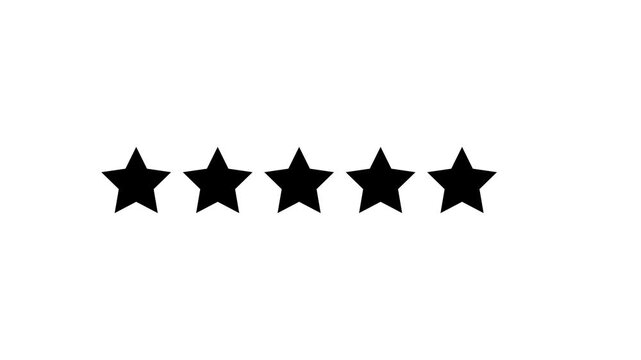 Five bold black star rating icon template design vector illustration for customer product review feedback, premium quality evaluation ranking emblem, animation on plain white background.