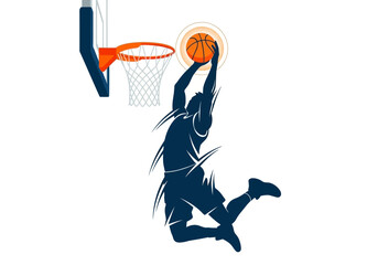Silhouette of a basketball player performing a slam dunk. © Jepry