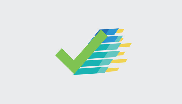 Dynamic checkmark icon with colorful speed lines representing fast confirmation, task completion, and success.