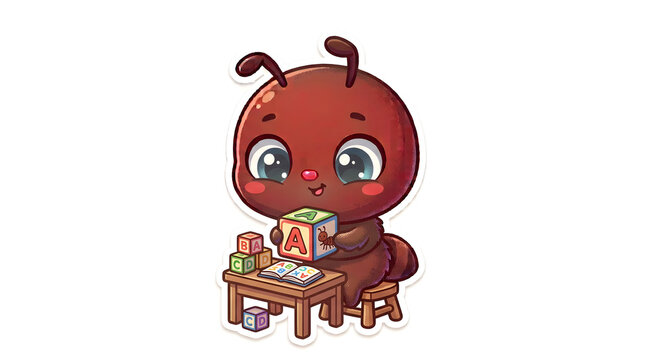 Cute Baby Ant Character Learning Alphabet with Educational Building Blocks and Books at a Small Wooden Desk