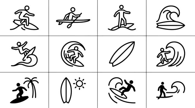 Modern Black and White Icons Set of Surfing and Beach Sports Activities with Silhouettes with high quality professional line art symbols for modern creative design and digital branding projects