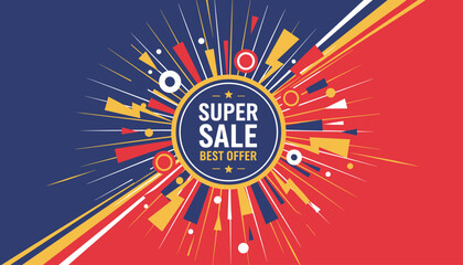 Fototapeta premium Super sale banner template features a central circular badge surrounded by colorful geometric bursts and sunburst rays on a split background.