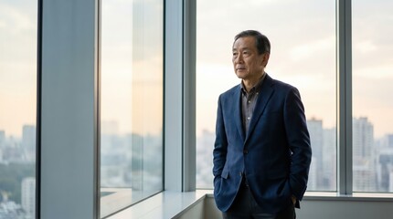 Fototapeta premium Generative AI, Senior Asian executive looking out office window over city skyline