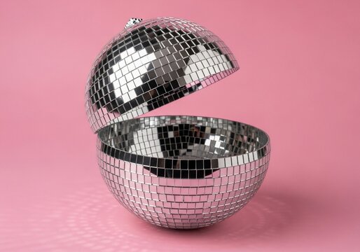 Shimmering disco ball opens on a vibrant pink canvas, revealing a dazzling inner world.
