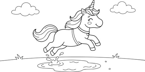 Cute cartoon unicorn prancing on clouds. Whimsical fantasy illustration of magical horse with rainbow mane for kids design. © AKRAMHOSSAIN