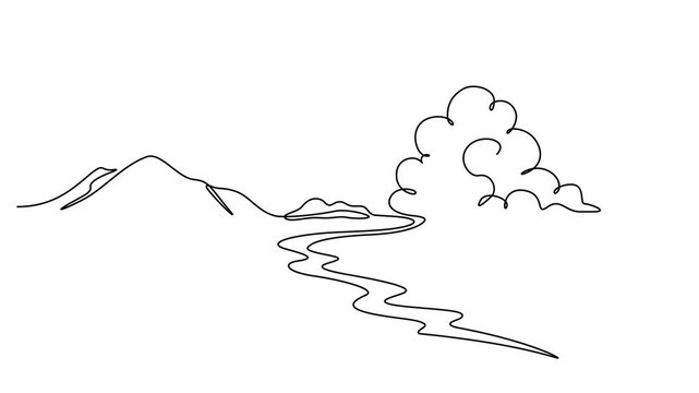 Animated video of a mountain landscape with a lake or sea. A minimalist skyline with mountain peaks in a simple single-line style. Adventure, sports, and summer vacation concepts in doodle style.