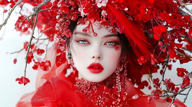 Beautiful young woman wearing elaborate red floral headdress with vibrant blossoms and delicate branches in a high fashion studio portrait