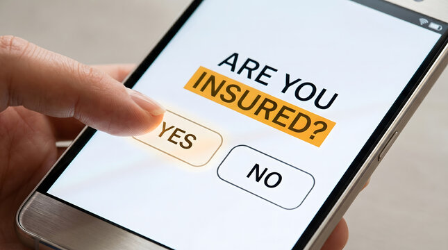 Responding to a mobile insurance query, a user confirms active coverage by pressing 'YES' on a smartphone application for peace of mind
