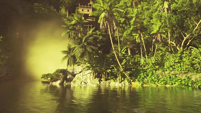 dense riverside foliage with rocky shoreline and vivid green undergrowth, latemorning light filtering through canopy intimate closeup of tropical vegetation