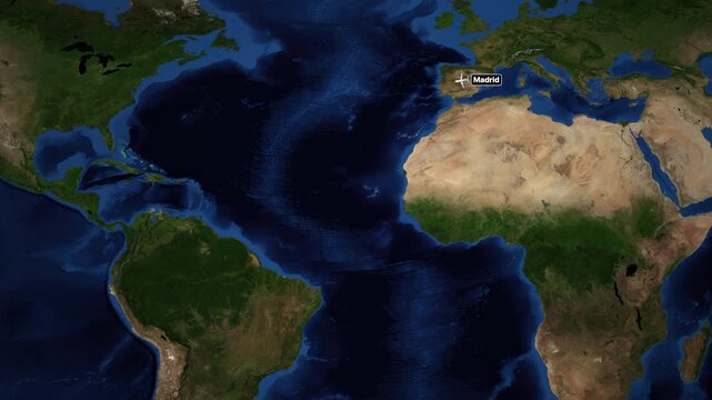 Animated World Map Showing Flight Route From Madrid Spain To Lima Peru