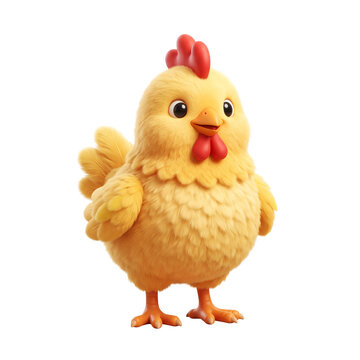 Cute Fluffy Yellow Chicken Standing Isolated on White Background.