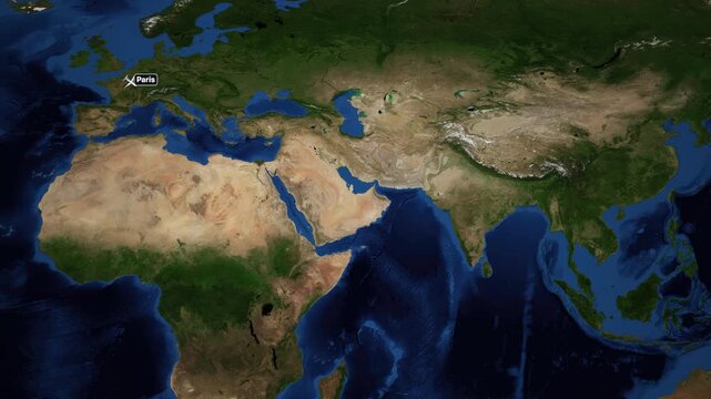 Animated Flight Route Map from Paris France to Kuala Lumpur Malaysia