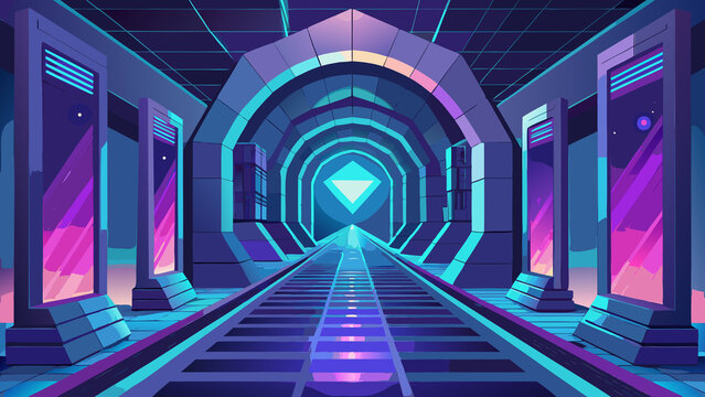 Blue Light Tunnel Inside Ancient Architectural Corridor with Stone Arches and Medieval Columns, Futuristic Glow Meets Historic European Monastery Interior Design