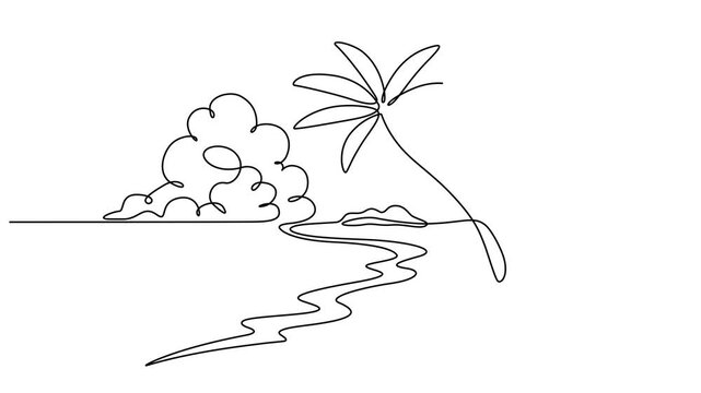Animated video of a mountain landscape with a lake or sea. A minimalist skyline with mountain peaks in a simple single-line style. Adventure, sports, and summer vacation concepts in doodle style.