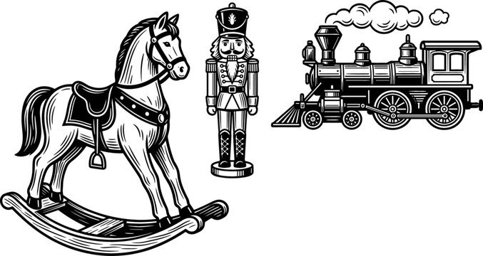 Vintage Christmas Toy Vector Set Featuring Detailed Engraving Style Rocking Horse, Classic Wooden Nutcracker, and Retro Steam Train Locomotive Illustrations