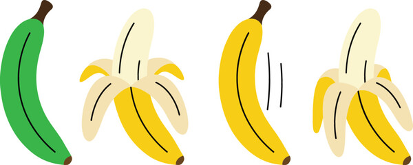 Fresh Yellow and Green Banana Vector Icon Set with Peeled Fruit Elements for Healthy Eating and Food Menu Designs © Farid