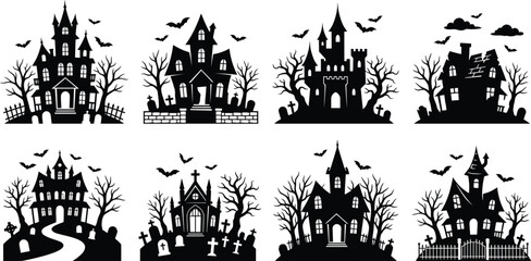 Fototapeta premium Spooky silhouette collection eight halloween haunted houses with bats and graveyard elements for seasonal decor