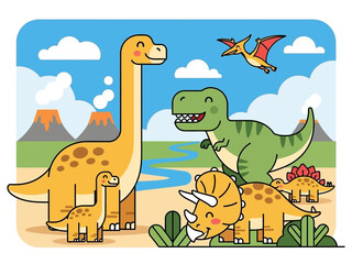 Cute cartoon dinosaurs family in a prehistoric landscape illustration. © Jepry