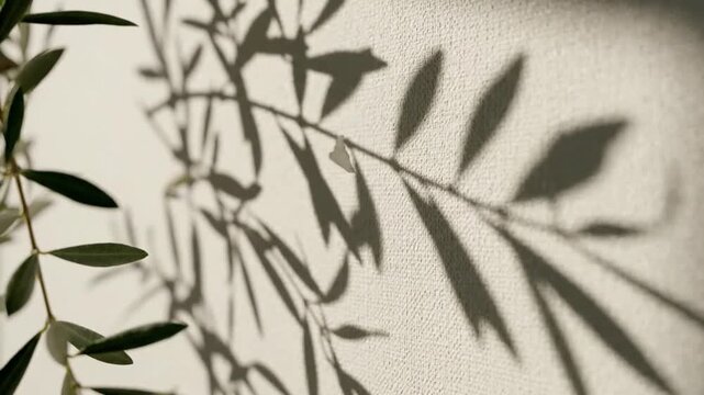 Olive Branch Shadows on Textured Beige Wall
