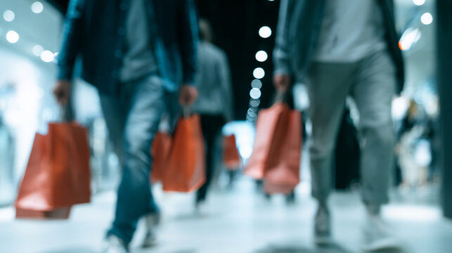 Motion blur of crowds of shoppers carrying bags walking through mall
