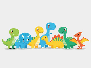 A cheerful group of cartoon dinosaurs in various colors and sizes standing together. © Jepry