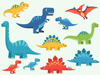Collection of Diverse Cartoon Dinosaurs in Various Poses and Colors. © Jepry