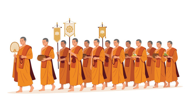 Buddhist Monks Procession in Traditional Orange Robes Holding Alms Bowls and Banners, Spiritual Ceremony, Cultural Event, Religious Gathering, Peac...