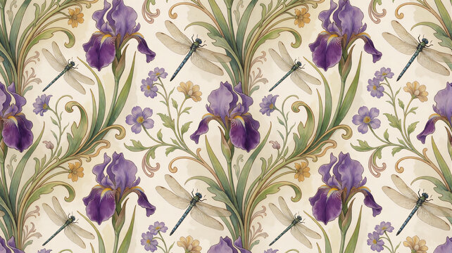 Luxury Art Nouveau Iris and Dragonfly Seamless Botanical Pattern