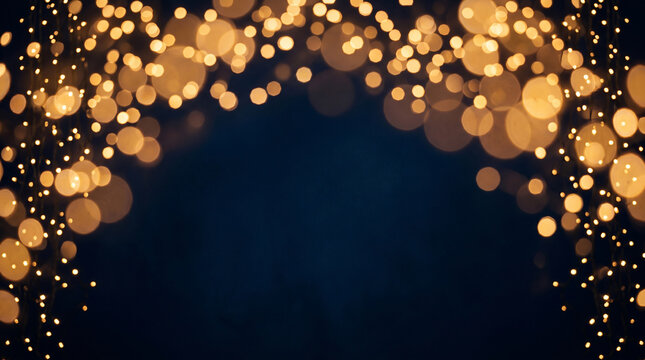Festive Golden Bokeh Lights Arch with Shimmering Glitter Dust on Deep Navy Blue Textured Background