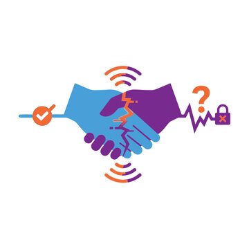 Broken handshake with a lightning bolt crack and security symbols representing failed business agreements and compromised digital trust levels