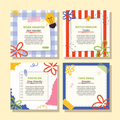 Naklejka premium Modern Productivity Tips Instagram Carousel Template with Playful Scrapbook Style