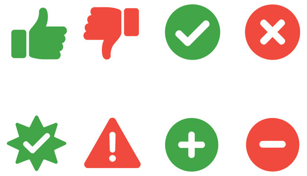 Positive and negative feedback icons with green check marks and red error symbols on white background, vector, designs