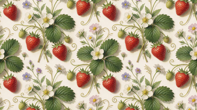 Luxury Victorian Strawberry Garden Seamless Botanical Pattern