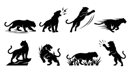 Naklejka premium Set of black tiger silhouettes in various aggressive and active poses.